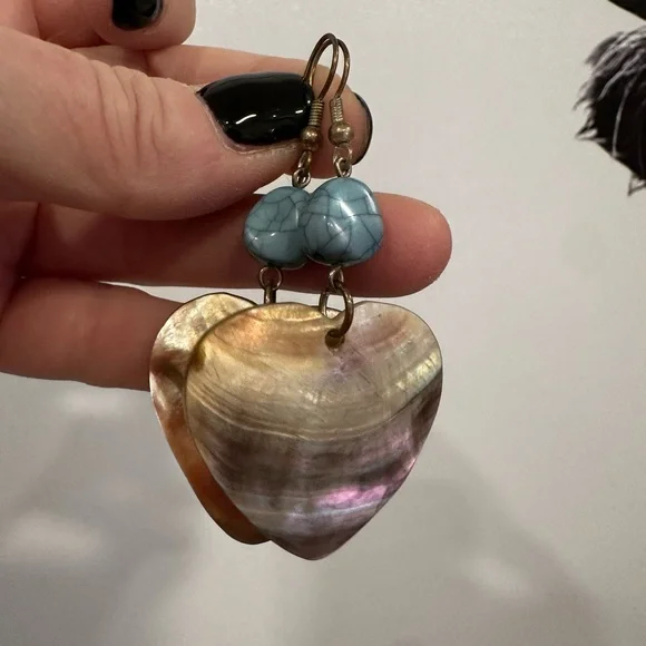 Turquoise Heart Shell Earrings - Picture 3 of 8